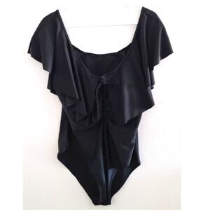 MAXMODA Ruffle Front Open Back Bathing Suit Swimsuit Black XXL